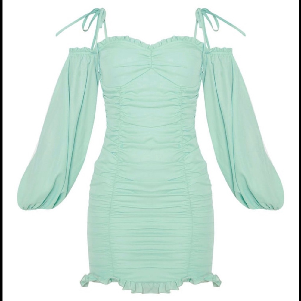 Green off the shoulder runched dress